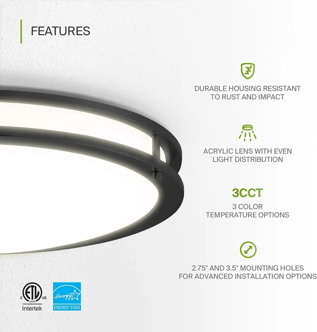 Alt view image 4 of 7 - ASD LED 18" Round Flush Mount Lighting, Close to Ceiling Light Fixture | 3CCT, Dimmable, Energy Star, ETL Listed | 28W 2230LM 3000-5000K 120V | Low Profile Double Ring Lamp | Black