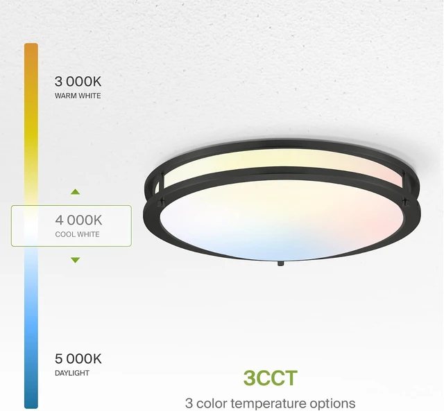 Alt view image 6 of 7 - ASD LED 18" Round Flush Mount Lighting, Close to Ceiling Light Fixture | 3CCT, Dimmable, Energy Star, ETL Listed | 28W 2230LM 3000-5000K 120V | Low Profile Double Ring Lamp | Black