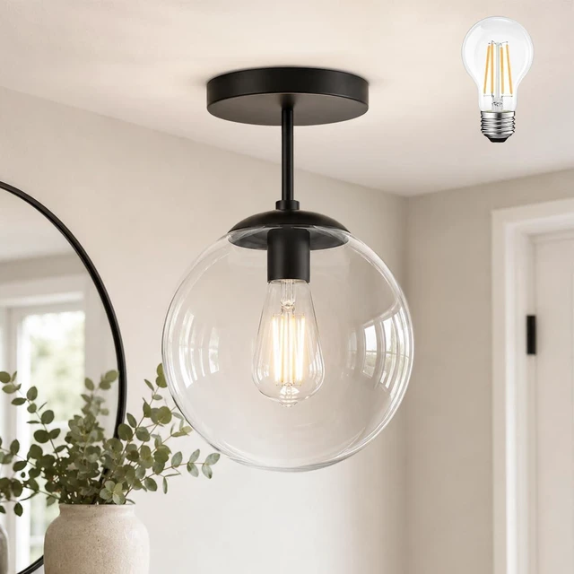 Main image of Globe Semi Flush Mount Ceiling Light Clear Glass Globe Ceiling Light Matte Black Finish Contemporary Mid Century Modern Style Lighting Fixture Hallway Living Room Kitchen Bedroom Storage (Bulb Incl.)