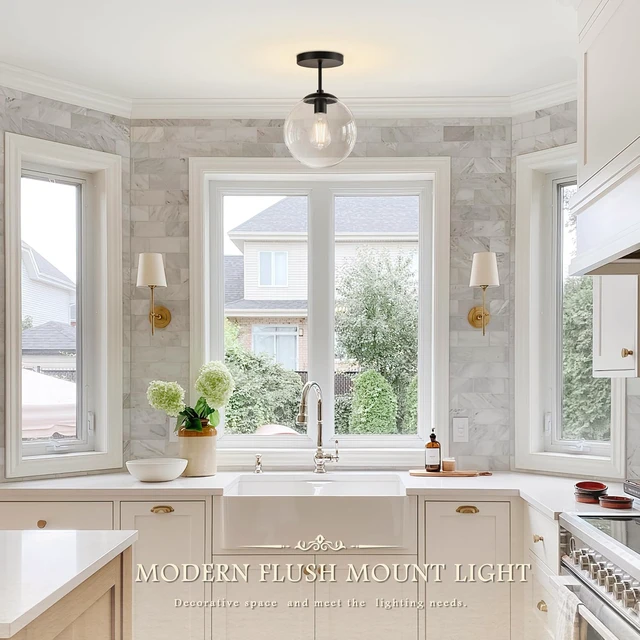 Alt view image 2 of 7 - Globe Semi Flush Mount Ceiling Light Clear Glass Globe Ceiling Light Matte Black Finish Contemporary Mid Century Modern Style Lighting Fixture Hallway Living Room Kitchen Bedroom Storage (Bulb Incl.)