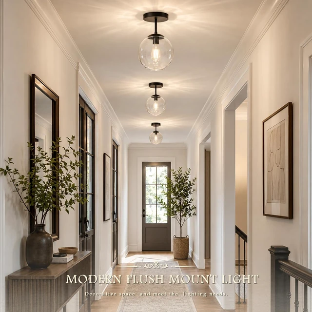 Alt view image 3 of 7 - Globe Semi Flush Mount Ceiling Light Clear Glass Globe Ceiling Light Matte Black Finish Contemporary Mid Century Modern Style Lighting Fixture Hallway Living Room Kitchen Bedroom Storage (Bulb Incl.)