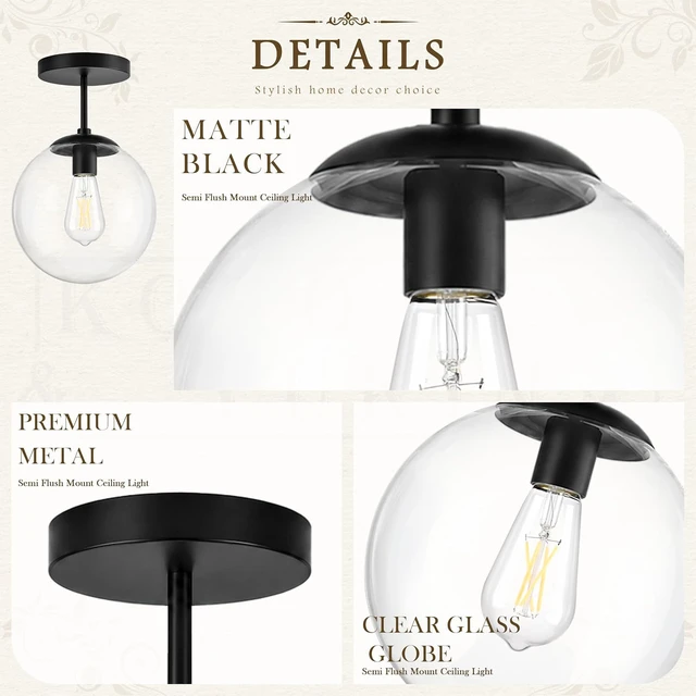Alt view image 6 of 7 - Globe Semi Flush Mount Ceiling Light Clear Glass Globe Ceiling Light Matte Black Finish Contemporary Mid Century Modern Style Lighting Fixture Hallway Living Room Kitchen Bedroom Storage (Bulb Incl.)