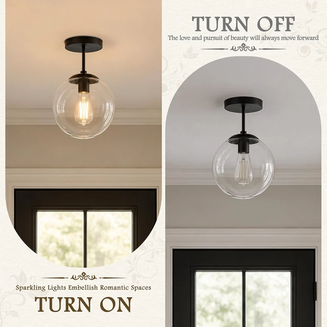 Alt view image 5 of 7 - Globe Semi Flush Mount Ceiling Light Clear Glass Globe Ceiling Light Matte Black Finish Contemporary Mid Century Modern Style Lighting Fixture Hallway Living Room Kitchen Bedroom Storage (Bulb Incl.)