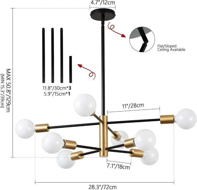 Alt view image 2 of 7 - KAISITE Modern Sputnik Chandelier - 8-Light Ceiling Light Fixture Height Adjustable Mid Century Plating Finished Black and Gold Chandelier for Bedroom Living Room Dining Room Kitchen Foyer