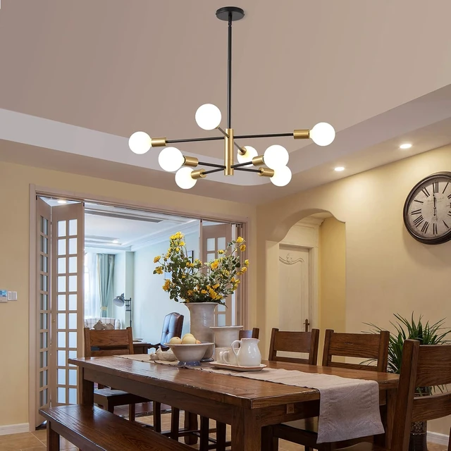 Alt view image 3 of 7 - KAISITE Modern Sputnik Chandelier - 8-Light Ceiling Light Fixture Height Adjustable Mid Century Plating Finished Black and Gold Chandelier for Bedroom Living Room Dining Room Kitchen Foyer
