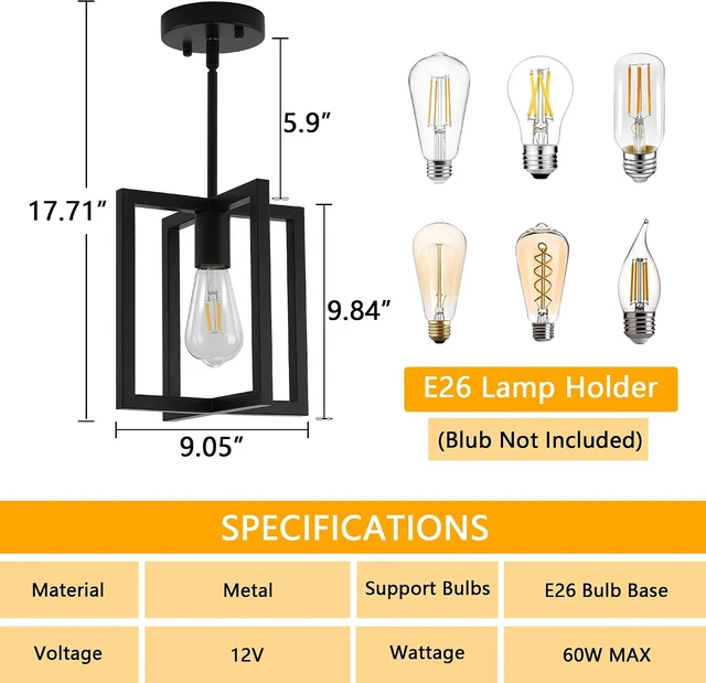Alt view image 3 of 7 - Black Ceiling Light Fixture1-Light Semi Flush Mount, Rustic Vintage Retro