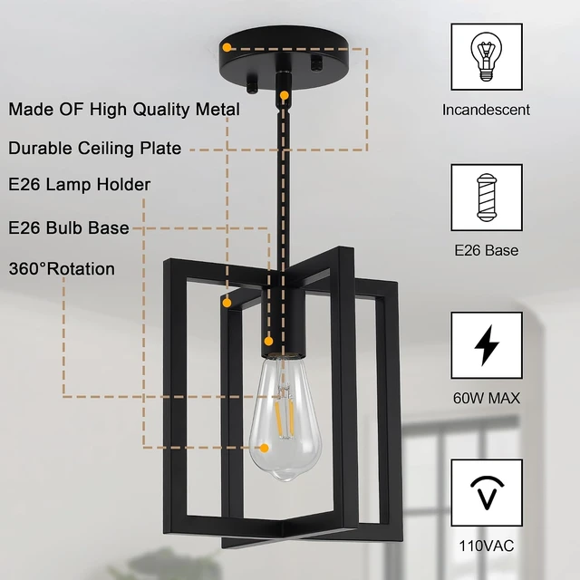 Alt view image 4 of 7 - Black Ceiling Light Fixture1-Light Semi Flush Mount, Rustic Vintage Retro