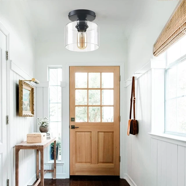Alt view image 2 of 7 - Modern Semi-Flush Mount Ceiling Light, Rustic Ceiling Light Fixture for Closet, Hallway, Kitchen, Dining Room, Farmhouse Lighting, Matte Black Finish, Clear Glass Shade, E26, 5.9 inch