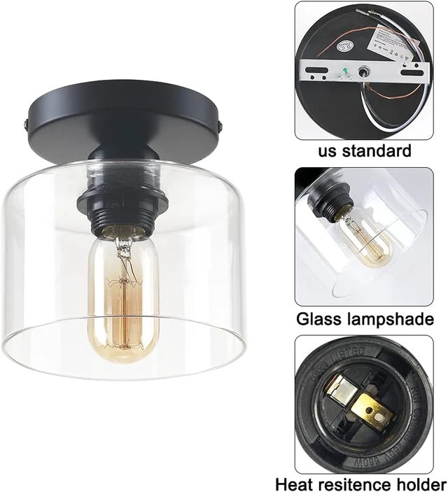 Alt view image 5 of 7 - Modern Semi-Flush Mount Ceiling Light, Rustic Ceiling Light Fixture for Closet, Hallway, Kitchen, Dining Room, Farmhouse Lighting, Matte Black Finish, Clear Glass Shade, E26, 5.9 inch