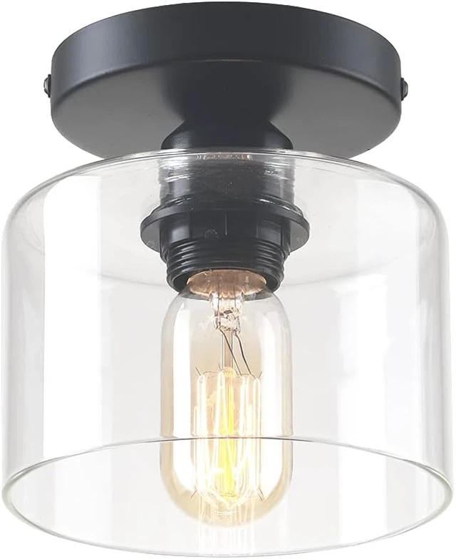 Alt view image 7 of 7 - Modern Semi-Flush Mount Ceiling Light, Rustic Ceiling Light Fixture for Closet, Hallway, Kitchen, Dining Room, Farmhouse Lighting, Matte Black Finish, Clear Glass Shade, E26, 5.9 inch