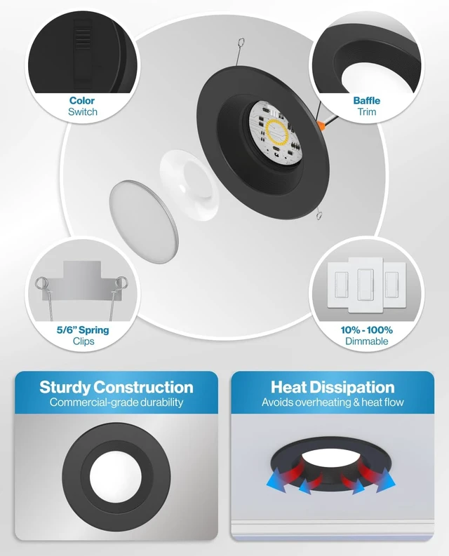 Alt view image 6 of 7 - Sunco 4 Pack 6 Inch Black Retrofit LED Recessed Lights, 5CCT, 13W=120W