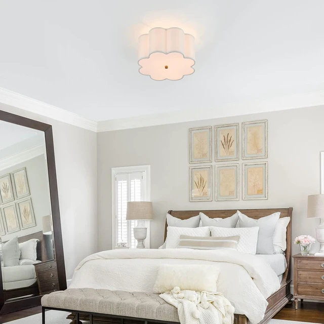 Alt view image 2 of 7 - Semi Flush Mount Ceiling Light Fixture, Modern Close to Ceiling Lamp with Cream White Fabric Drum Shade for Nursery Kids Room Bedroom Kitchen Hallway Entryway 3-Light