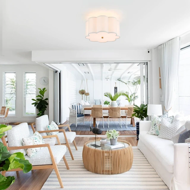 Alt view image 4 of 7 - Semi Flush Mount Ceiling Light Fixture, Modern Close to Ceiling Lamp with Cream White Fabric Drum Shade for Nursery Kids Room Bedroom Kitchen Hallway Entryway 3-Light