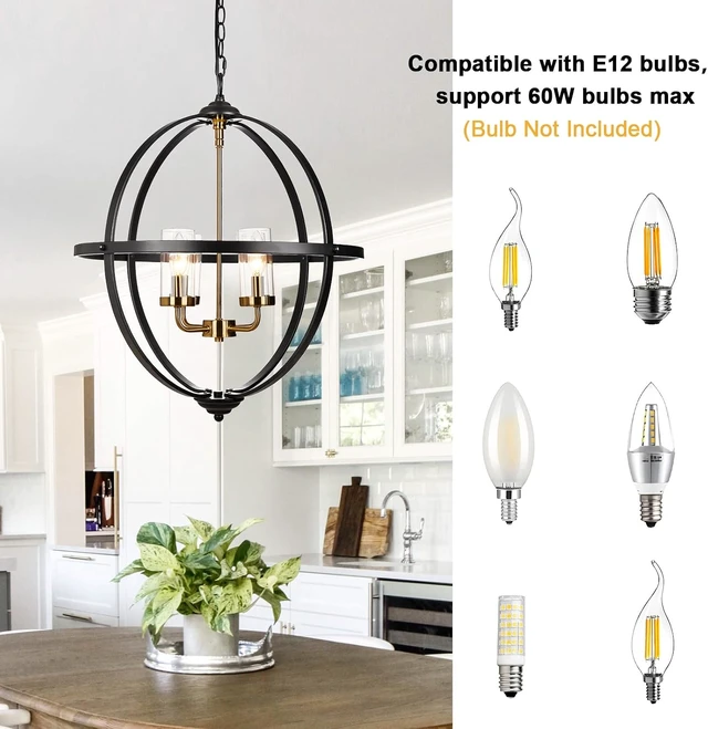 Alt view image 6 of 7 - Treekee 4-Light Black Orb Chandelier, 20" Black and Gold Globe Pendant Light, Adjustable Hanging Ceiling Light Fixtures, Industrial Ceiling Chandelier Light for Kitchen, Dining Room, Foyer