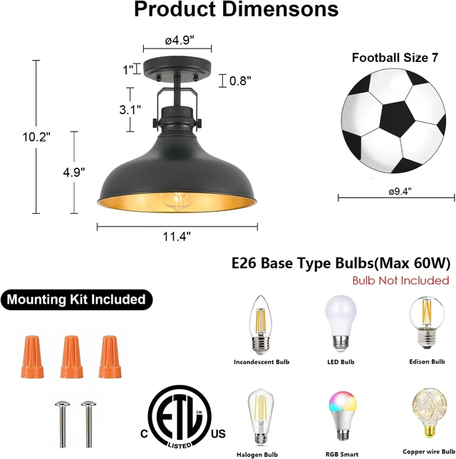 Alt view image 2 of 7 - Metal Semi Flush Mount Light Fixture 11.4 inch Ceiling Light Black