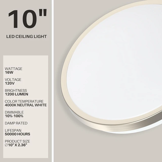 Alt view image 2 of 7 - DYMOND LED Ceiling Light Flush Mount 10 Inches Ceiling Light Fixture Dimmable for Bathroom, Kitchen, Laundry Room (4000K Natural Daylight, 10 inches)
