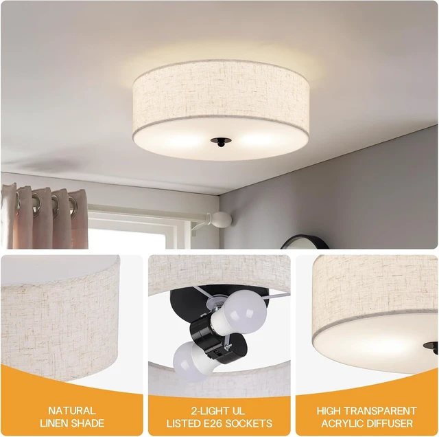 Alt view image 2 of 7 - CALOKES Flush Mount Ceiling Light Fixture, 13" Close to Ceiling Light with Beige Fabric Linen Drum Shade, 2-Light Modern Round Ceiling Light for Bedroom Hallway Dining Kitchen
