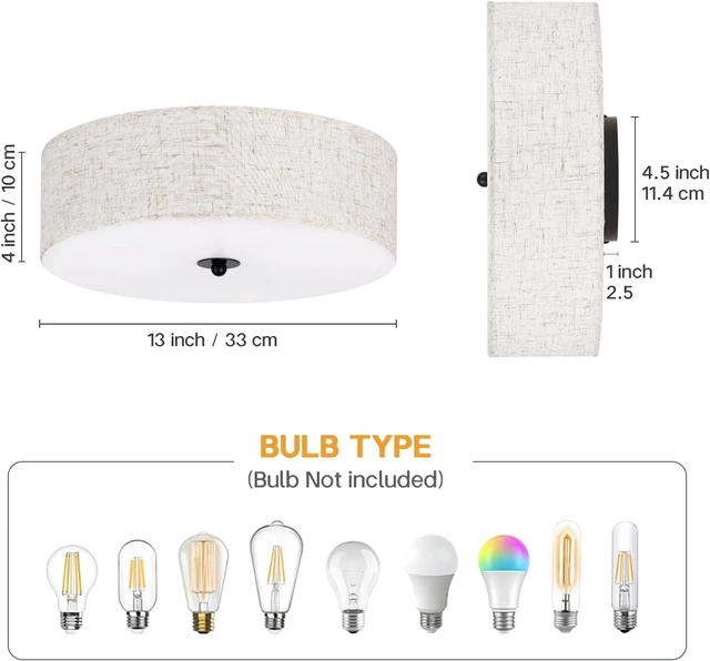 Alt view image 3 of 7 - CALOKES Flush Mount Ceiling Light Fixture, 13" Close to Ceiling Light with Beige Fabric Linen Drum Shade, 2-Light Modern Round Ceiling Light for Bedroom Hallway Dining Kitchen