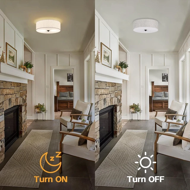 Alt view image 4 of 7 - CALOKES Flush Mount Ceiling Light Fixture, 13" Close to Ceiling Light with Beige Fabric Linen Drum Shade, 2-Light Modern Round Ceiling Light for Bedroom Hallway Dining Kitchen