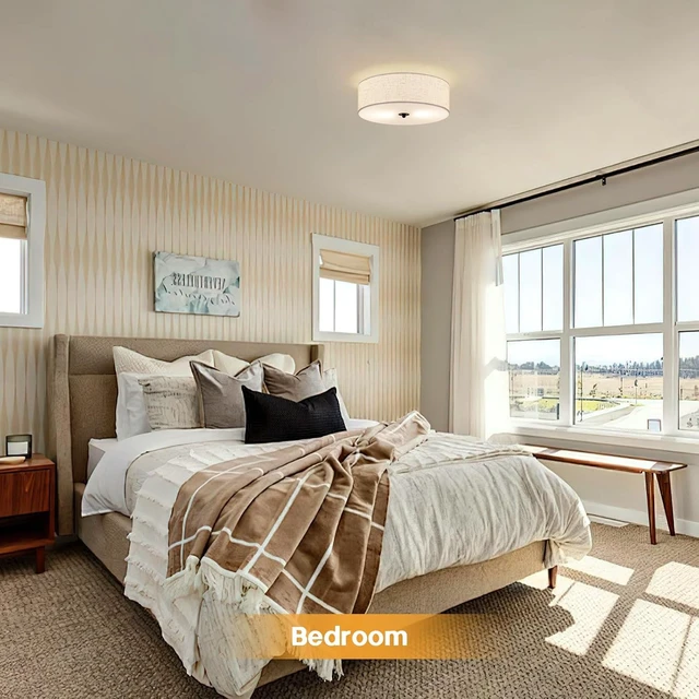 Alt view image 5 of 7 - CALOKES Flush Mount Ceiling Light Fixture, 13" Close to Ceiling Light with Beige Fabric Linen Drum Shade, 2-Light Modern Round Ceiling Light for Bedroom Hallway Dining Kitchen