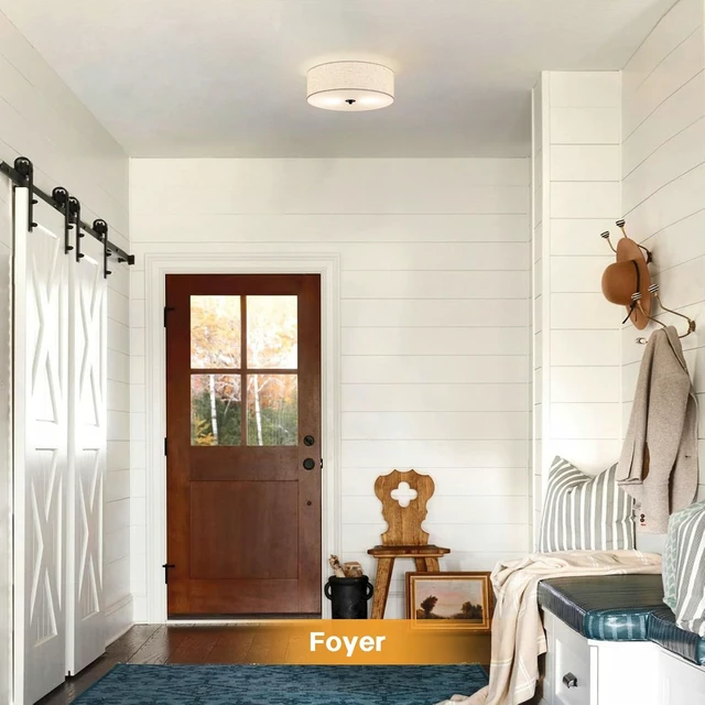 Alt view image 6 of 7 - CALOKES Flush Mount Ceiling Light Fixture, 13" Close to Ceiling Light with Beige Fabric Linen Drum Shade, 2-Light Modern Round Ceiling Light for Bedroom Hallway Dining Kitchen