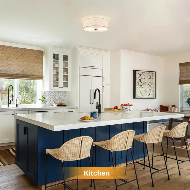 Alt view image 7 of 7 - CALOKES Flush Mount Ceiling Light Fixture, 13" Close to Ceiling Light with Beige Fabric Linen Drum Shade, 2-Light Modern Round Ceiling Light for Bedroom Hallway Dining Kitchen