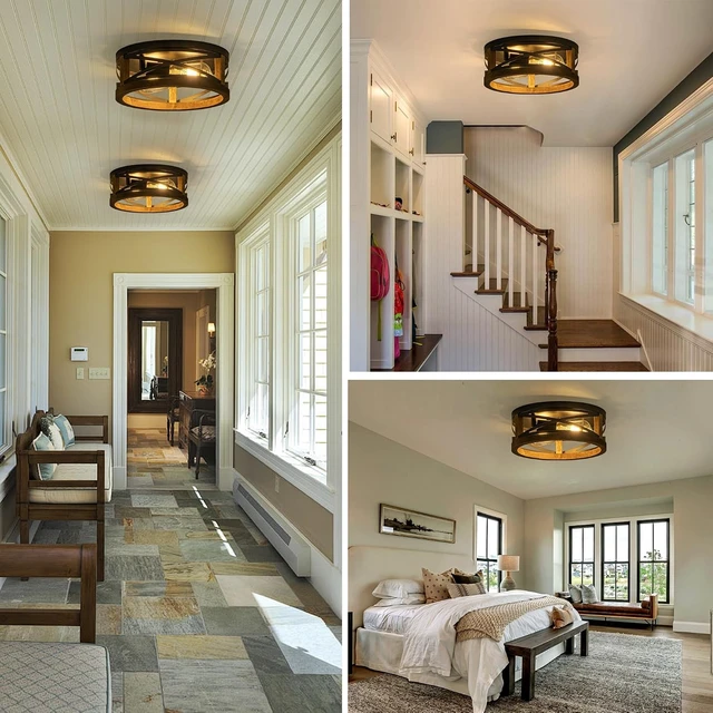 Alt view image 3 of 7 - Farmhouse Ceiling Light, 2-Light Round Flush Mount Light Fixture