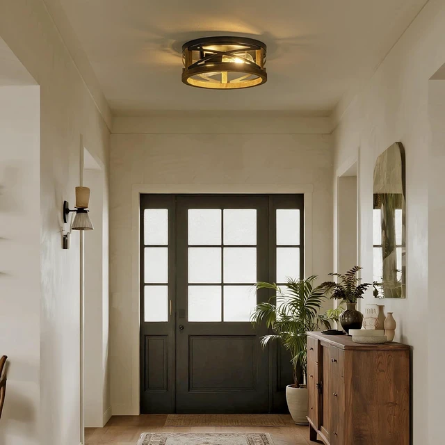 Alt view image 4 of 7 - Farmhouse Ceiling Light, 2-Light Round Flush Mount Light Fixture