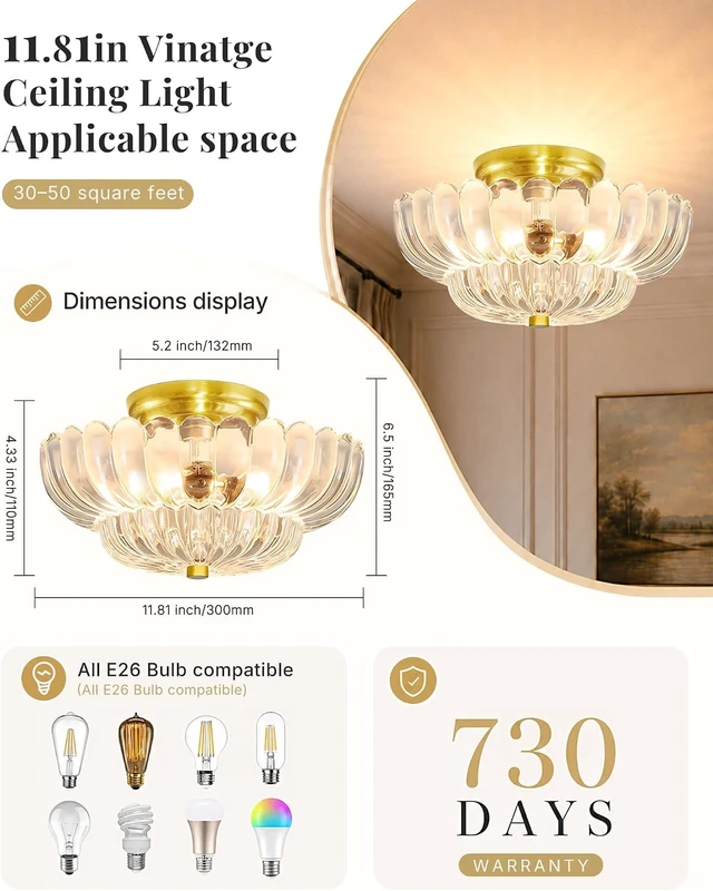 Alt view image 4 of 7 - Semi Flush Mount Ceiling Light 11.8" Vinatge Gold Hallway Lights