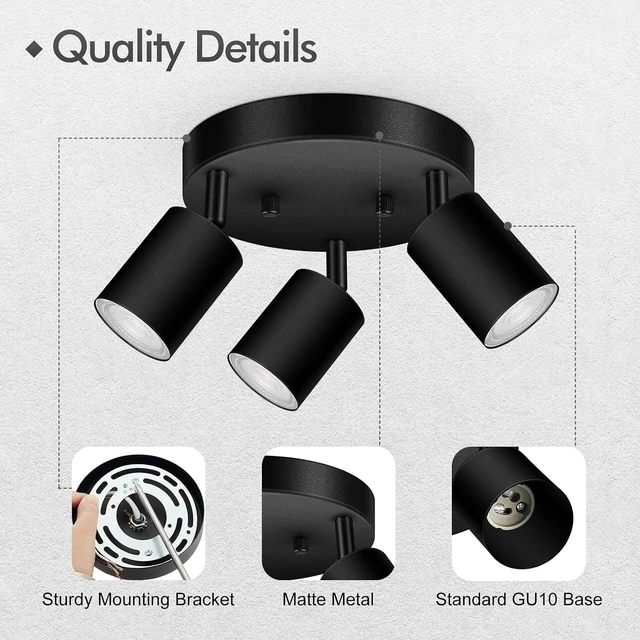 Alt view image 2 of 7 - 3 Light Track Lighting Fixtures Ceiling, Matte Black Round Directional Ceiling Spotlight, GU10 Flush Mount Ceiling/Wall Fixture, Adjustable Modern LED Track Light for Kitchen/Living Room, No Bulb