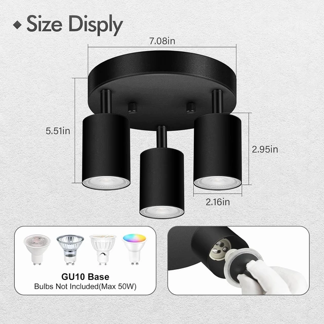 Alt view image 3 of 7 - 3 Light Track Lighting Fixtures Ceiling, Matte Black Round Directional Ceiling Spotlight, GU10 Flush Mount Ceiling/Wall Fixture, Adjustable Modern LED Track Light for Kitchen/Living Room, No Bulb