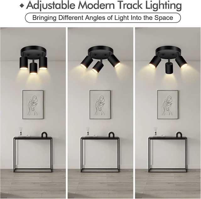 Alt view image 5 of 7 - 3 Light Track Lighting Fixtures Ceiling, Matte Black Round Directional Ceiling Spotlight, GU10 Flush Mount Ceiling/Wall Fixture, Adjustable Modern LED Track Light for Kitchen/Living Room, No Bulb