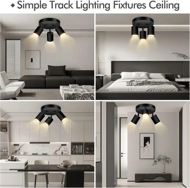 Alt view image 6 of 7 - 3 Light Track Lighting Fixtures Ceiling, Matte Black Round Directional Ceiling Spotlight, GU10 Flush Mount Ceiling/Wall Fixture, Adjustable Modern LED Track Light for Kitchen/Living Room, No Bulb