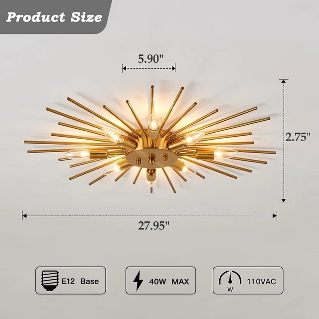 Alt view image 2 of 7 - ZGLAOJT Semi Flush Mount 8 Light Ceiling Light Modern Metal Ceiling Lighting Gold Light Fixture Chandelier for Farmhouse Kitchen Dining Room Bedroom Hallway Living Room.