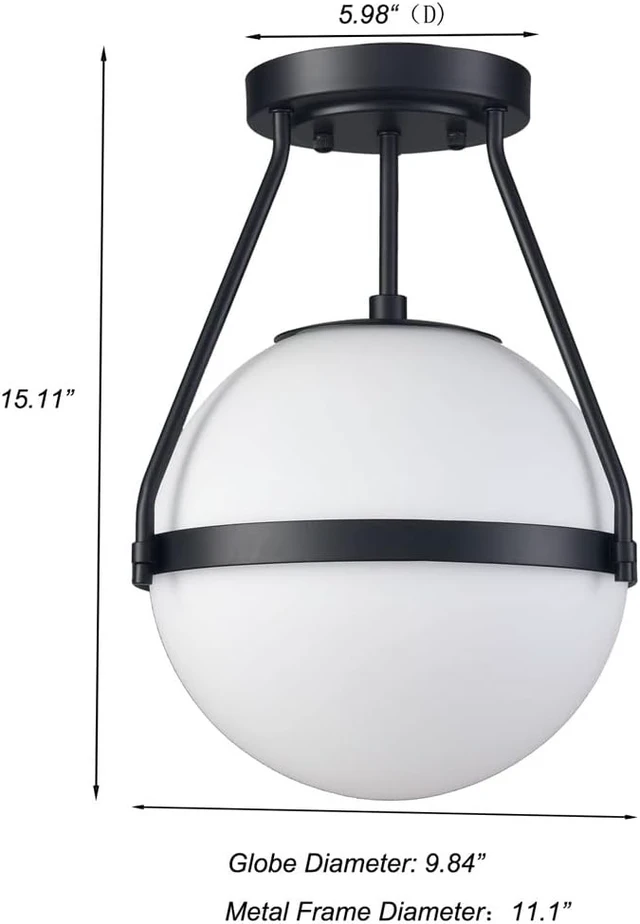 Alt view image 6 of 7 - HOLKIRT Mid-Century Black Globe Ceiling Light, White Opal Glass