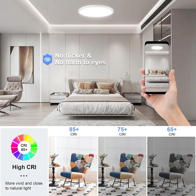Alt view image 5 of 6 - hunhun 16 Inch Dimmable LED Flush Mount Ceiling Light 4800LM Round Light Fixture 5 Color Temperature Selectable Super Slim Large Flat Ceiling Lamp for Living Dining Room White