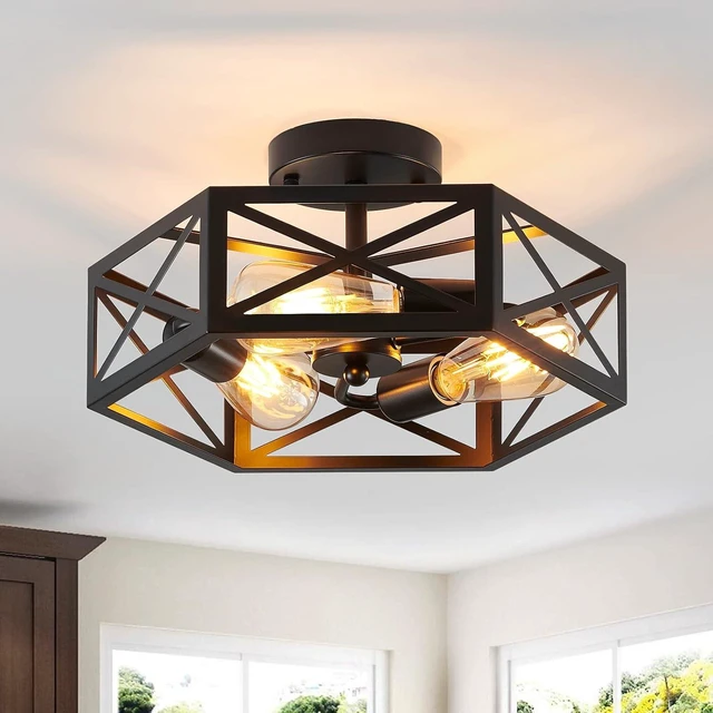Main image of XSDeTu Semi Flush Mount Ceiling Light Fixture, Modern Farmhouse 3-Light Black Ceiling Light, Industrial Close to Ceiling Light with Metal Hexagon Cage Ceiling Lamp for Kitchen, Hallway, Bathroom