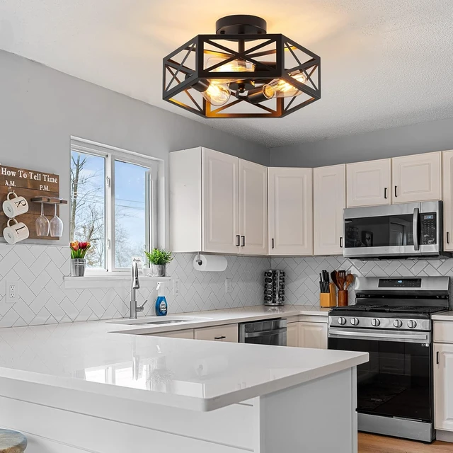 Alt view image 3 of 6 - XSDeTu Semi Flush Mount Ceiling Light Fixture, Modern Farmhouse 3-Light Black Ceiling Light, Industrial Close to Ceiling Light with Metal Hexagon Cage Ceiling Lamp for Kitchen, Hallway, Bathroom