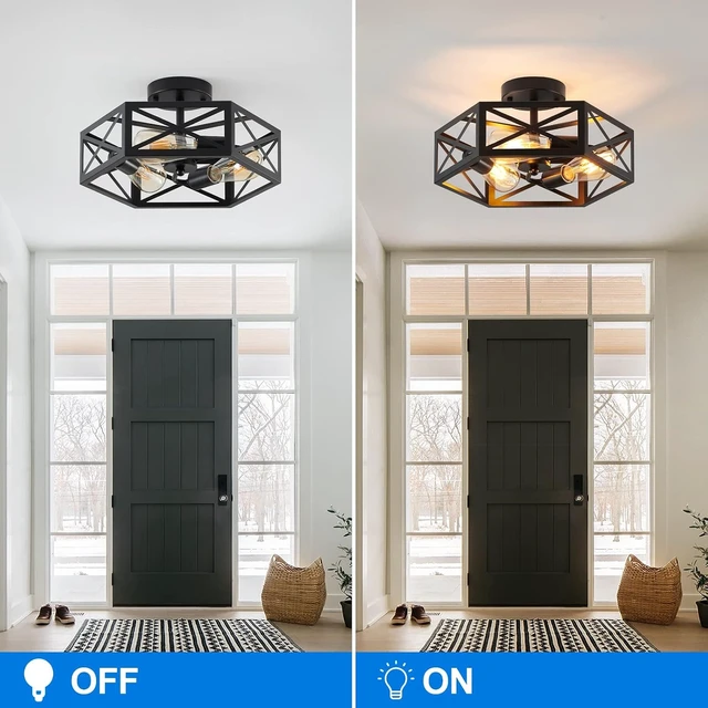 Alt view image 4 of 6 - XSDeTu Semi Flush Mount Ceiling Light Fixture, Modern Farmhouse 3-Light Black Ceiling Light, Industrial Close to Ceiling Light with Metal Hexagon Cage Ceiling Lamp for Kitchen, Hallway, Bathroom