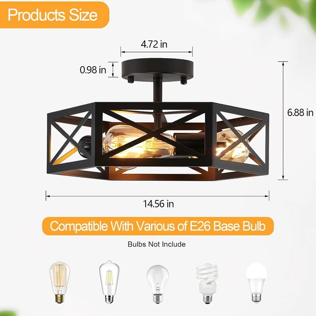 Alt view image 5 of 6 - XSDeTu Semi Flush Mount Ceiling Light Fixture, Modern Farmhouse 3-Light Black Ceiling Light, Industrial Close to Ceiling Light with Metal Hexagon Cage Ceiling Lamp for Kitchen, Hallway, Bathroom