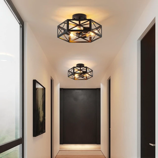 Alt view image 6 of 6 - XSDeTu Semi Flush Mount Ceiling Light Fixture, Modern Farmhouse 3-Light Black Ceiling Light, Industrial Close to Ceiling Light with Metal Hexagon Cage Ceiling Lamp for Kitchen, Hallway, Bathroom