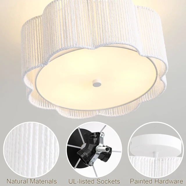 Alt view image 5 of 7 - Rattan Ceiling Light Fixtures Flush Mount,3-Light Boho Light Fixtures Ceiling Mount for Bedroom,Close to Ceiling Light Modern Rattan Chandelier Lighting for Hallway Kitchen Dining Room(White)