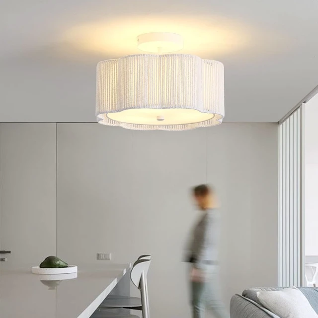 Alt view image 7 of 7 - Rattan Ceiling Light Fixtures Flush Mount,3-Light Boho Light Fixtures Ceiling Mount for Bedroom,Close to Ceiling Light Modern Rattan Chandelier Lighting for Hallway Kitchen Dining Room(White)