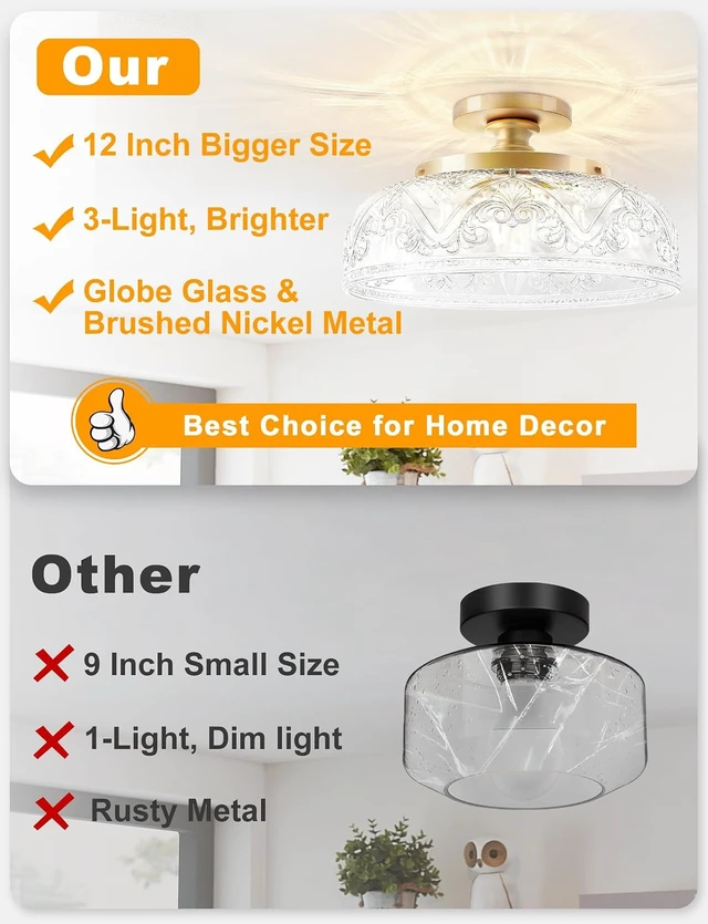 Alt view image 2 of 6 - Semi Flush Mount Ceiling Light,Vintage Kitchen Fixture,Gold,12"
