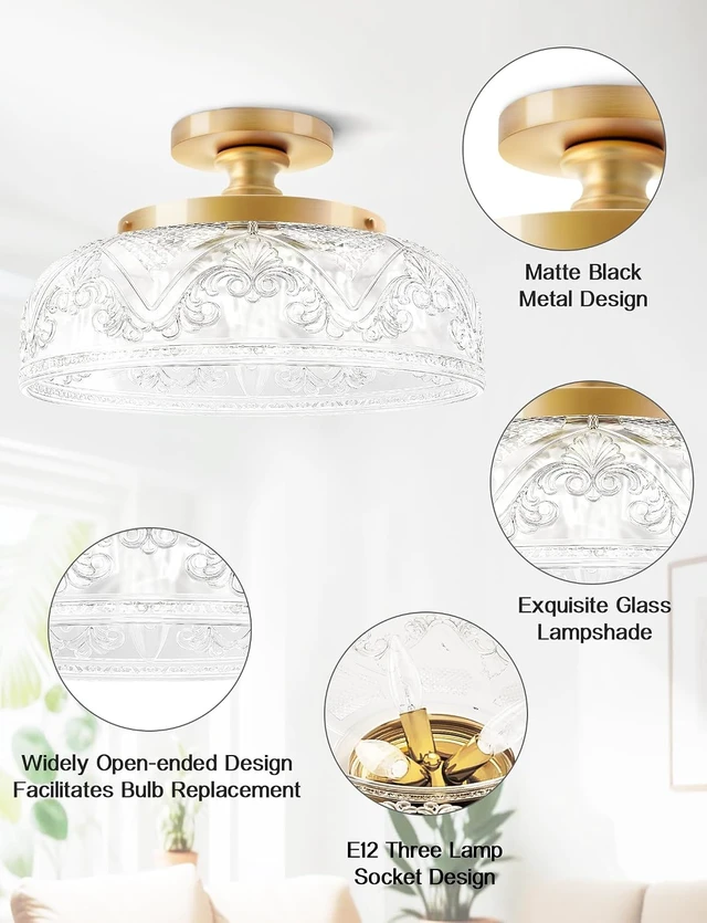 Alt view image 5 of 6 - Semi Flush Mount Ceiling Light,Vintage Kitchen Fixture,Gold,12"