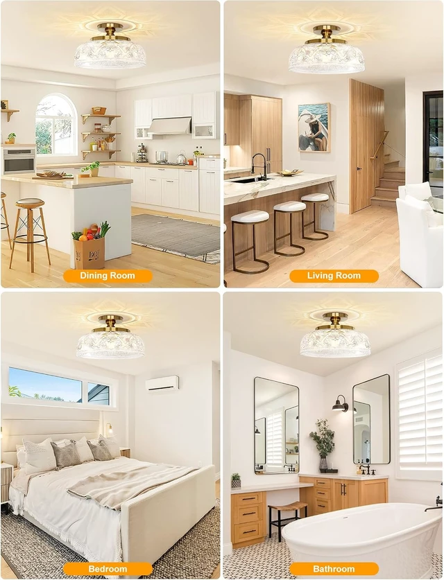 Alt view image 6 of 6 - Semi Flush Mount Ceiling Light,Vintage Kitchen Fixture,Gold,12"