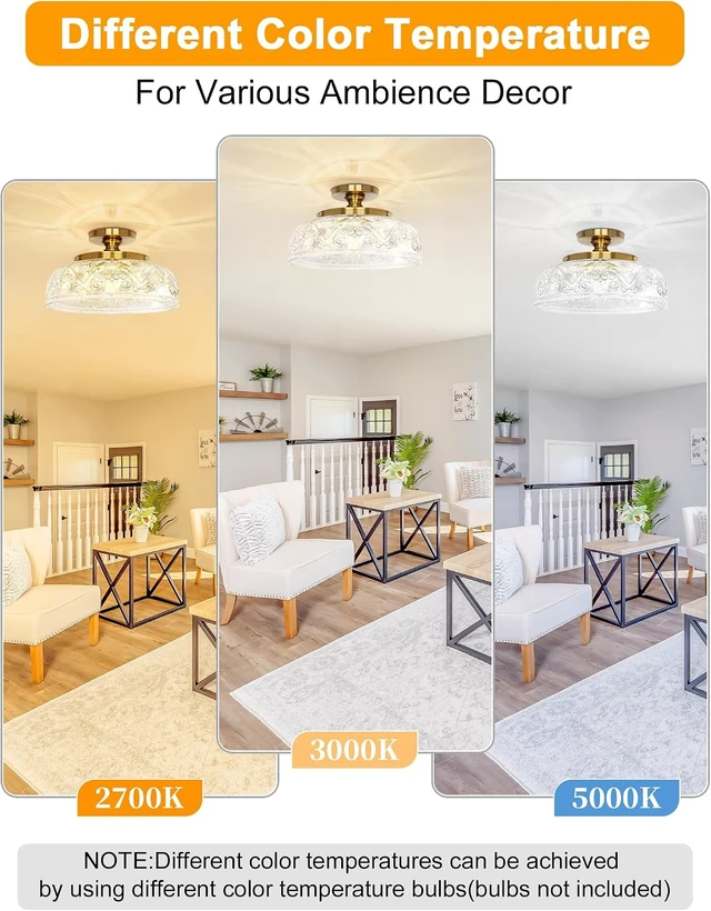 Alt view image 4 of 6 - Semi Flush Mount Ceiling Light,Vintage Kitchen Fixture,Gold,12"