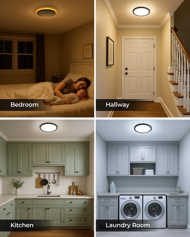 Alt view image 2 of 6 - Matane 2Pack Dimmable Flush Mount Ceiling Light Fixture with Night Light, 18W 3000K 4000K 5000K, LED Low Profile Ceiling Lights for Bedroom Hallway Kitchen, 8.7inch Black Round