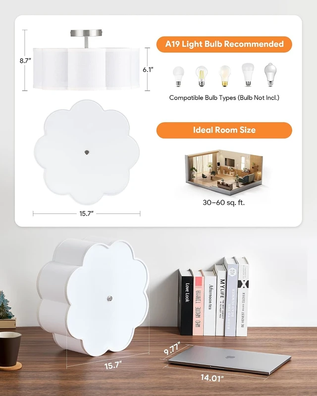 Alt view image 3 of 7 - VONLUCE Semi Flush Mount Ceiling Light 15.7", 3-Light Drum Light Fixture