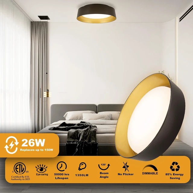 Alt view image 3 of 7 - 12.5 Inch LED Flush Mount Ceiling Light Fixture, 26W, Super Bright 1350 Lumen, 3 Color 3000K/4000K/5000K, Matt Black with Gold Inside, Dimmable Ceiling Lamp for Bedroom Hallway Bathroom Outdoor